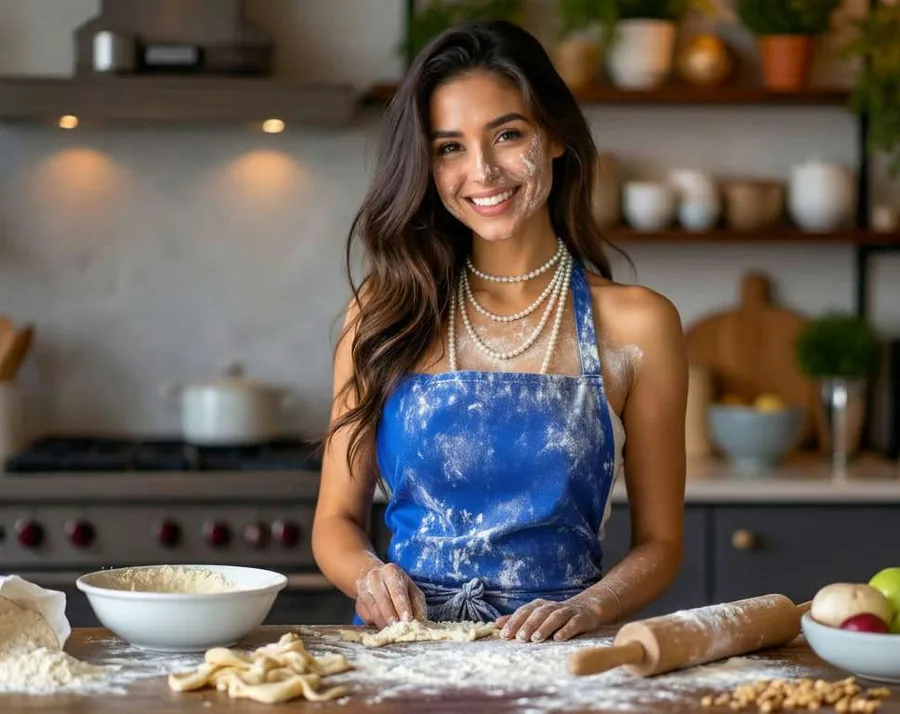 A baker in a flour-dusted apron, mid-recipe